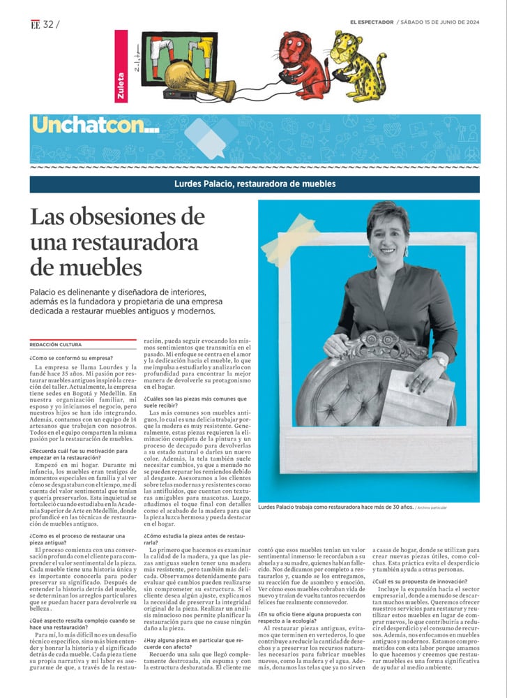 Un chat con... Lurdes Palacio, restauradora de muebles. Contraportada del sábado 15 de junio de 2024.